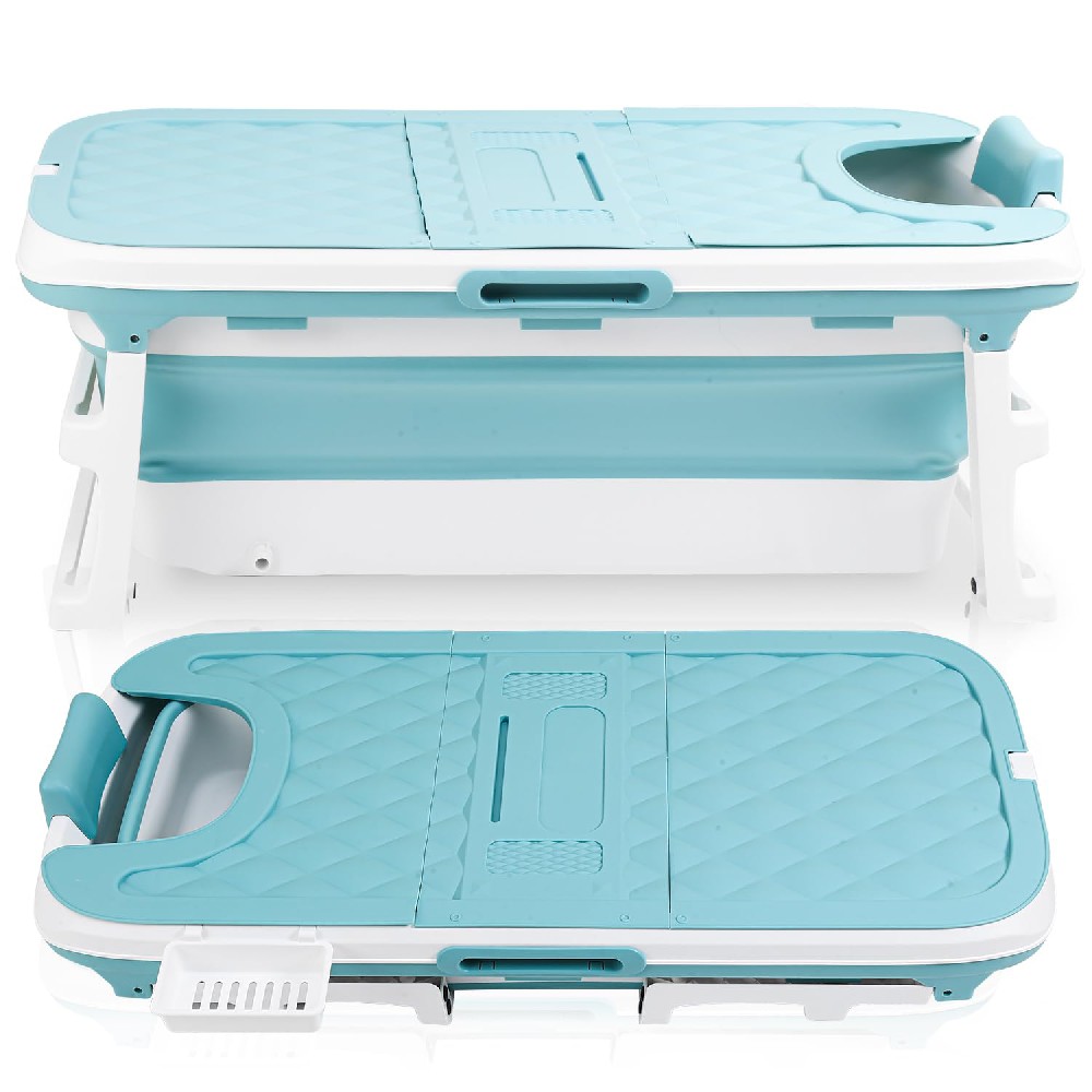 Cozykimo Cecaylie 132x60x50cm Faltbare Badewanne Erwachsene, Tragbare Klappbare mobile Badewanne mit Abdeckung & Massagerollen, Seifenkorb，für Badezimmer und Dusche - Blau
